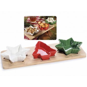 Set aperitivo a tema natalizio con tagliere in legno e 3 ciotole in ceramica colorata