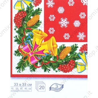 Салфетки бумажные "Колокольчики" красный фон со снежинками, (набор 20 шт), 33*33 см