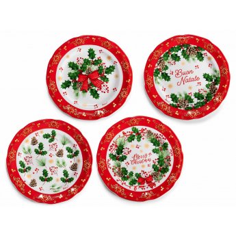 Piatto natalizio alimentare porcellana con elementi dorati Ø 20 cm Piatto natalizio alimentare porcellana con elementi dorati Ø 20 cm